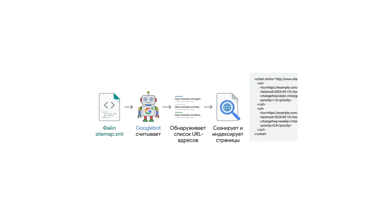 Схема: Googlebot читает sitemap.xml и обходит перечисленные страницы
